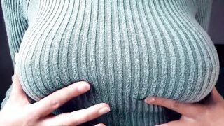 Huge Hooters, Having Fun, Teasing, in a Tight, Knitted Sweater