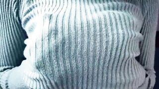Huge Hooters, Having Fun, Teasing, in a Tight, Knitted Sweater