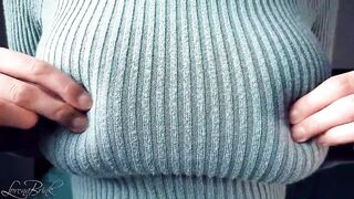 Huge Hooters, Having Fun, Teasing, in a Tight, Knitted Sweater