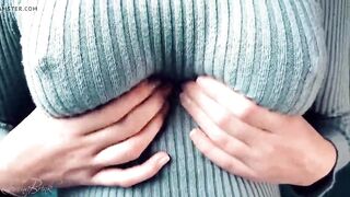 Huge Hooters, Having Fun, Teasing, in a Tight, Knitted Sweater