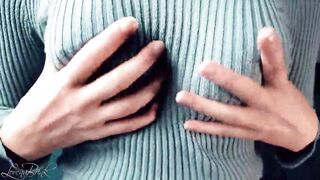 Huge Hooters, Having Fun, Teasing, in a Tight, Knitted Sweater