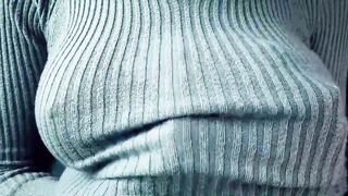 Huge Hooters, Having Fun, Teasing, in a Tight, Knitted Sweater