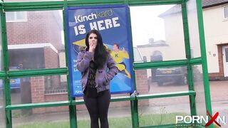 Hot dark hair goddess Lucia Love pissing inside outside