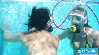 Underwater lesbians lick and suck dildos