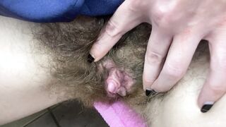 Nasty Bushy Vagina Long erected Clit soak close up masturbation