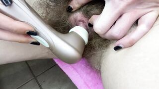 Nasty Bushy Vagina Long erected Clit soak close up masturbation