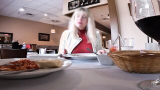 Full Lunch With My Pierced Boobies Showing - Watch Through Shirt at Outside Restaurant