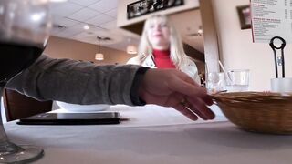 Full Lunch With My Pierced Boobies Showing - Watch Through Shirt at Outside Restaurant
