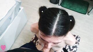 Deep Throat training for submissive depraved sex sub with hands and toes bound, cum into mouth smallow