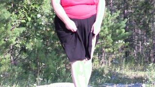 A huge bush on the vagina of a old bbw, upskirt inside the park.