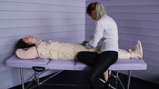 Figging with red head and Foley bladder catheterization inside fetish body bag. Medical play.