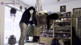 Shibari playtime: chick into park bench posing suspension, breathplay, nipple clamp predicament!