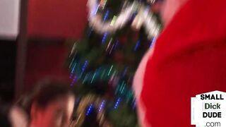Small penis mistresses wanking and sucking off inside three-way