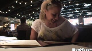 Blonde teenie Riley Evans striptease into red lighting
