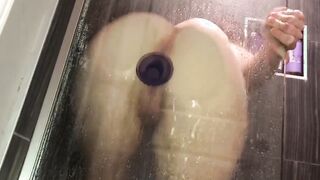 Fucking my suction cup sex toy on the shower wall
