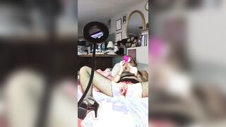 mom inside Fishnets plays with toys, plugs and blows penis