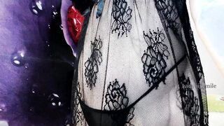 Red Head Beauty performance close-ups booty inside thongs inside transparent Dress
