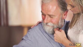 OLD4K. Mature man with beard actively stretches young blonde...