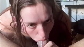 White chick blows Mexican cock until he jizzes all over her face