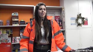 Aude long breasted employee is sodomized at the back of the store