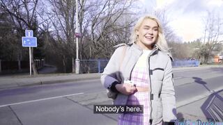 Pulled blonde bombshell blowing for money before point of view sex