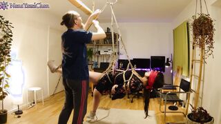 Trailer: women Blindfolded into Shibari Face up Suspension!