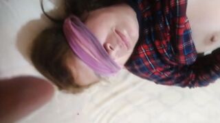 The maid's  puts his long dick inside my fiance's mouth while she rests, blows and jizzes