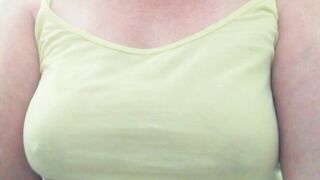 Yellow tank top - Blonde mom flashing hooters and unshaved snatch - sexual hotwife - Love Sara Christine