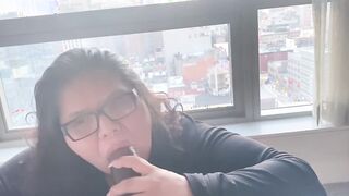Lydia swallows long penis.