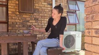 Piss desperation | wetting my MILF jeans | outside smoking