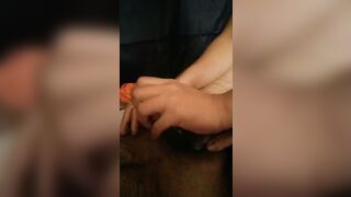 She helps me cum on her friend's clothes with oily hand job