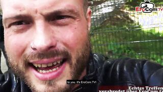 Tattooed german blonde fucks outside inside a park during a