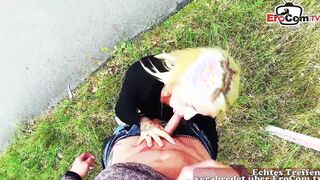 Tattooed german blonde fucks outside inside a park during a