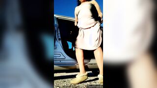 Peeing on side of road.. Early morning, no time to dress up, no bra. Old bbw Hispanic old lady woman