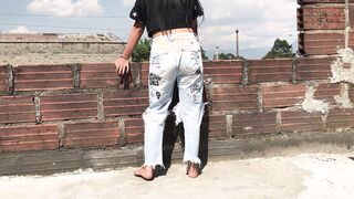 she likes to pissing inside her jeans. and she doesn't care who sees her