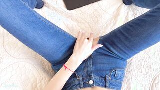 Small lusty stepsister inside ripped jeans was caught watching porn