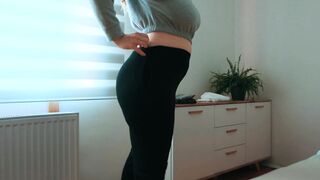 My ex-wife with long thighs chooses clothes. She has orgasm twice. Cum on long jugs. I love her smile.