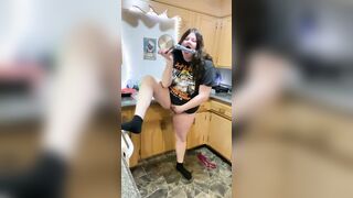 Chubby chick fucks herself rough squirts with pot and gets caught