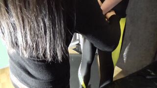 Fem Dom bound up man with yoga panel gag and leather hood
