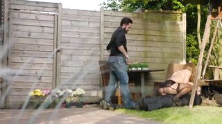 Bodacious sexy inside tights takes on two long cocks outside