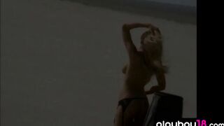 Huge boobed blondie Kimberly Holland taking off her babe uniform