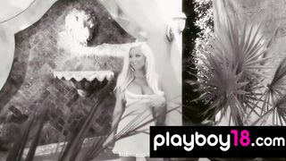 Long boobed blonde Spencer Scott reveals her bald snatch inside