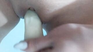 Close-up, enjoy ,cum a lot and rough from a toy into the restroom jerk off