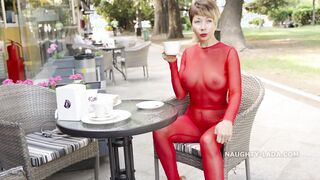 Morning walk inside a transparent suit into outside