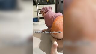 Arab submissive gets orders to wipe the floor with her mouth and swallow water like a bitch
