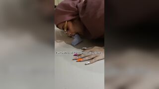 Arab submissive gets orders to wipe the floor with her mouth and swallow water like a bitch