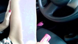 Blonde inside vehicle masturbates with sex dildos