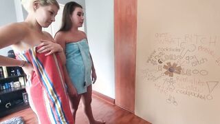 Chubby dark hair and pale blonde making turns to suck a