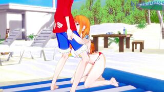Nami(huge hair) and Monkey D. Luffy have deep sex on the beach. - 1 Piece Animated