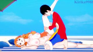 Nami(huge hair) and Monkey D. Luffy have deep sex on the beach. - 1 Piece Animated